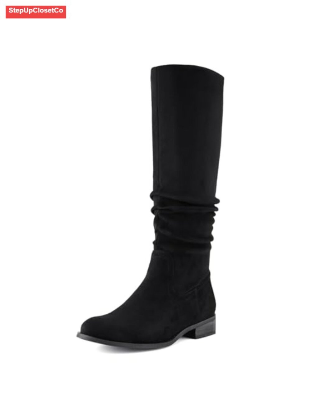 Faux Suede Knee High Slouch Boots Pointed Toe Side Zip Low Heel Womens